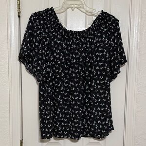 Black Floral Smocked-Neck Off-Shoulder Blouse